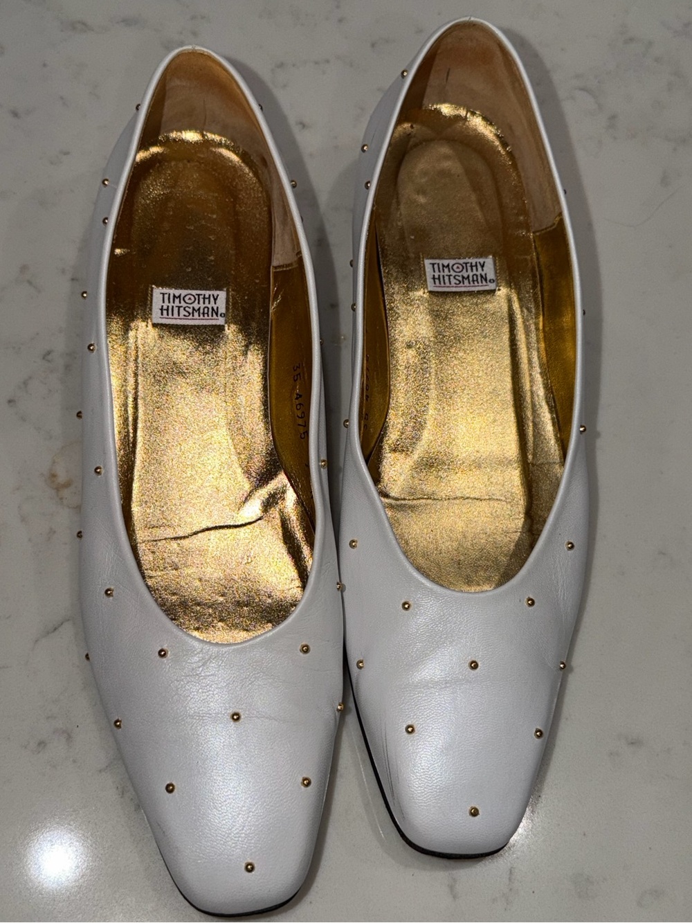 Vintage Timothy Hitsman White Studded Leather Flats 9N Gold Heel